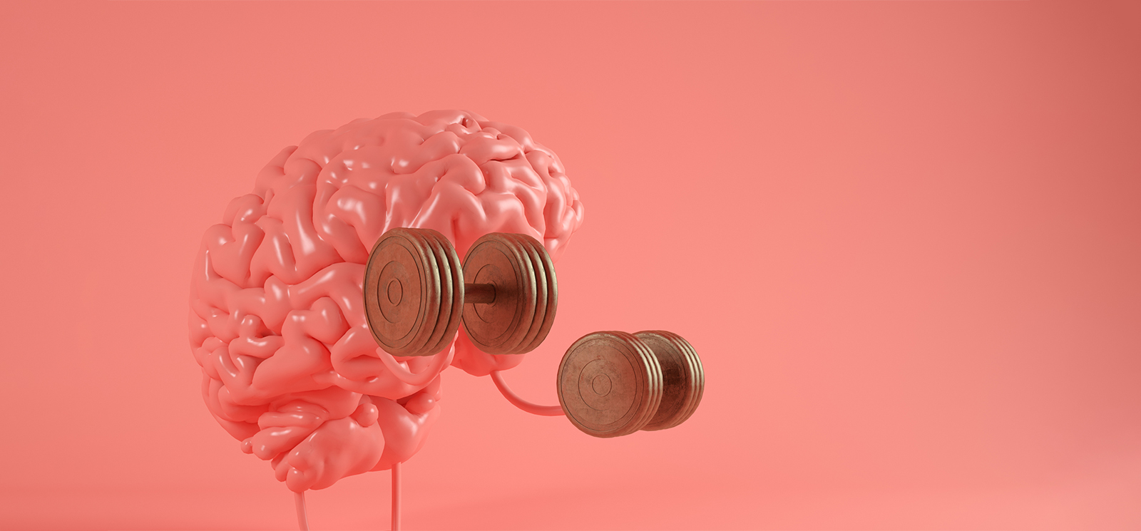 A brain with dumbbells on a pink background