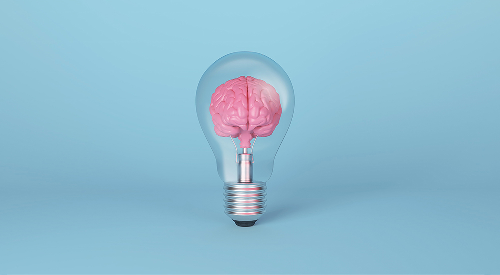 eine Glühbirne, in der sich ein rosa Gehirn befindet, auf einem hellblauen Hintergrund