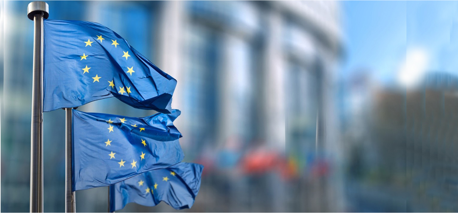 Photo of three European flags waving in the wind.